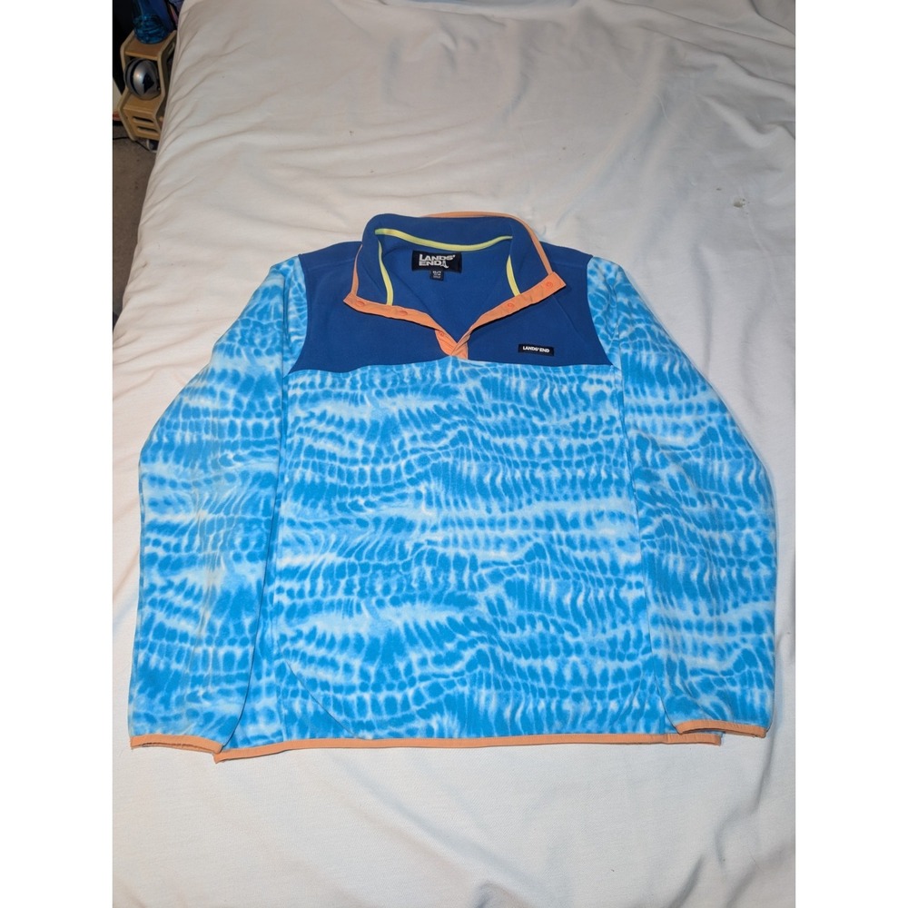 Lands End 1/4 Button Snap Men's Pullover Size XL Water Ripples Blue & Orange